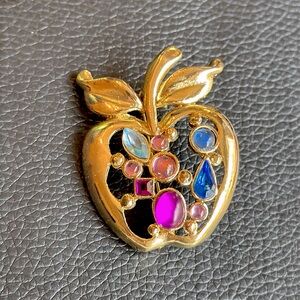 Gold Tone Apple Brooch with Multicolor Gemstones